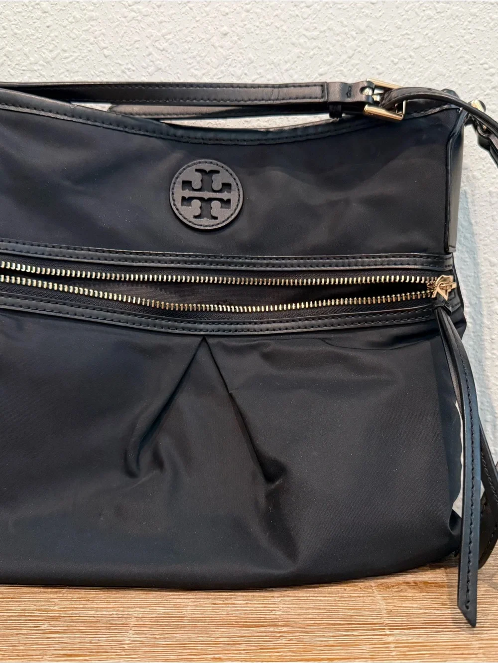 Tory Burch Black Nylon Shoulder Bag with Gold Zipper